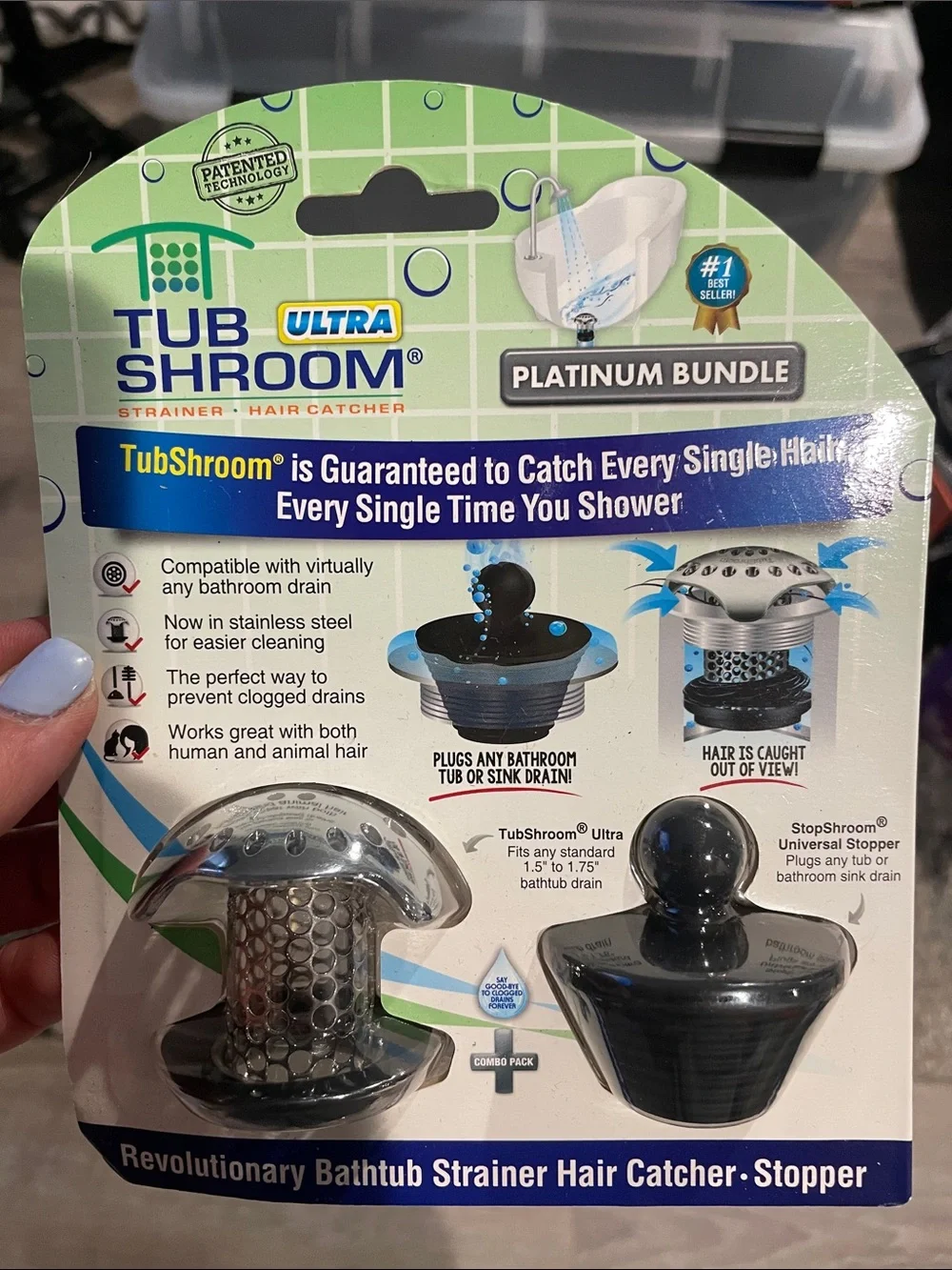 TubShroom Ultra Platinum Bundle Bathtub Strainer & Stopper - Silver and Black
